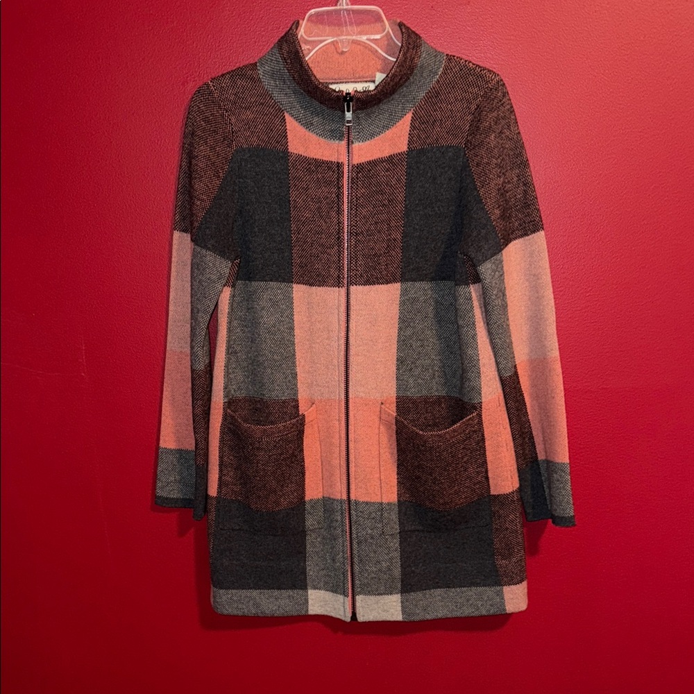Anthropologie Field Flower Felicity Pink & Gray Plaid Wool Zip Up Sweater Coat